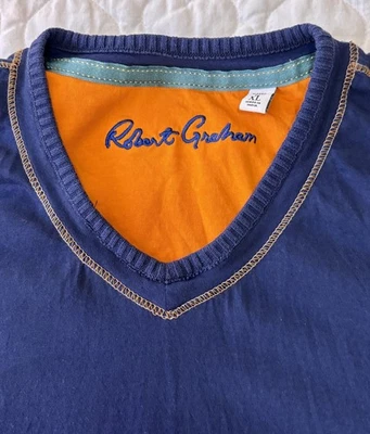 Camiseta Robert Graham cuello en V azul oscuro naranja puntada para hombre XL Foto 1 de 4