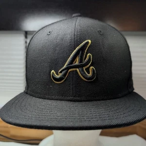 New Era 59Fifty MLB Atlanta Braves Black On Metallic Gold Sz 7 3/8 Wool - Picture 1 of 10
