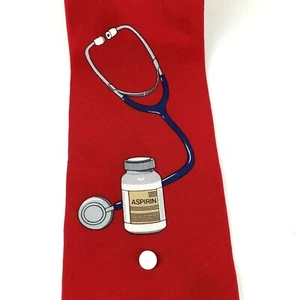 Vicky Davis Take Two Mens Necktie Red 100% Silk Tie Doctor Aspirin Stethoscope - Picture 1 of 7