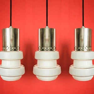 3 x Mid Century Striped Opaline Milk Glass Ceiling Kitchen Pendant Lights - Picture 1 of 8