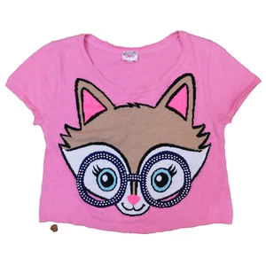 Justice Cropped Sweater Cap Sleeve Y2K Pink Fox Cat Raccoon w Glasses Girls 16 - Picture 1 of 11