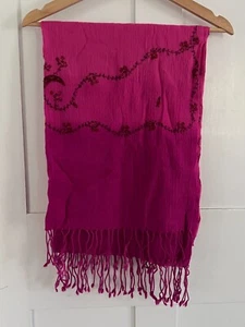 Pink Embroidered Pashmina Scarf 100% Wool Luxurious 24" x 78" - Picture 1 of 11