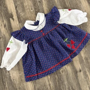 Vintage Baby Togs Girls Toddler Sz 3T Blue Red Heart Cherries Pinafore Apron Top - Picture 1 of 7
