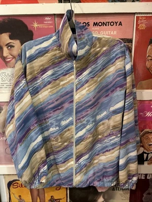 Chaqueta cortavientos vintage años 80 90 Erin London pastel azul púrpura blanco cremallera Foto 1 de 4