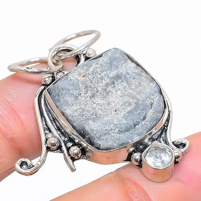 Ciondolo in argento sterling 925 con pietra preziosa topazio bianco druzy ros... - Immagine 1 di 4