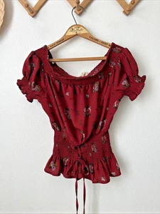 Sweet Wanderer maroon floral boho smock crop blouse puff sleeve M tie front - Picture 1 of 5