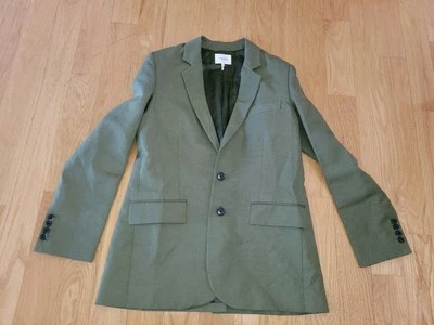 Blazer clásico de mezcla de lino de un solo pecho con marco para mujer, oliva, talla 2 Foto 1 de 4