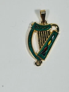 Collana Arpa Irlandese Placcata Oro e Verde Made in Ireland - Foto 1 di 5