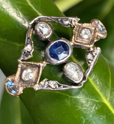Antique Georgian Ring Rose-Cut Diamond Sapphire Aquamarine 14K Rose Gold Silver - Image 1 of 4