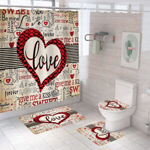 LOVE Shower Curtain Bathroom Rug Set Thick Bath Mat Non-Slip Toilet Lid Cover