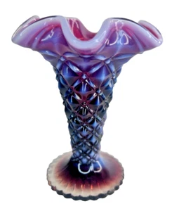 Fenton Plum Opalescent Quilted Trumpet Glass Vase Signed Fenton Family - 5" - Picture 1 of 10
