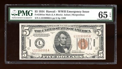 DBR 1934 $5 FRN Hawaii Mule Gem Fr. 2301m PMG 65 EPQ Serial L13190905A - Image 1 of 2