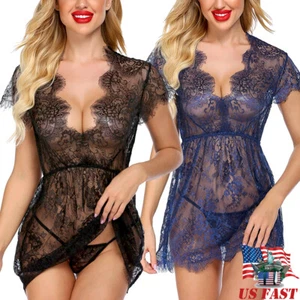 Plus Size Sexy Lingerie Women Eyelash Lace Babydoll Sleepwear Nightgown Dress US - Picture 1 of 27