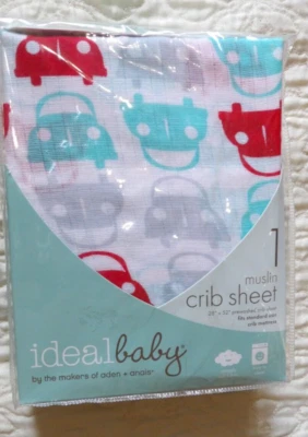 NEW IDEAL BABY ADEN ANAIS MUSLIN CRIB SHEET CARS 28" X 52" NIP - Image 1 of 2