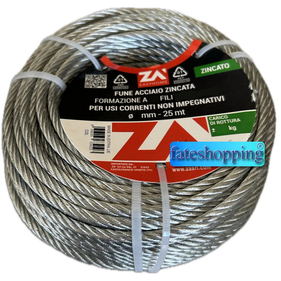 Fune Cavo Corda Acciaio Zincato Cordina 3 - 5 mm 25 metri - Immagine 1 di 1