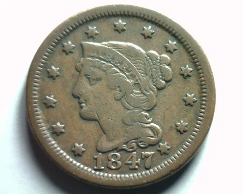 1847 LARGE CENT PENNY VERY FINE VF NICE ORIGINAL COIN FROM BOBS COIN FAST SHIP Cover
