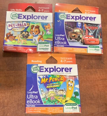 3 LeapFrog Pad Leapster Explorer Pet Pals2, Cars 2, Mr. Pencil - Image 1 of 4