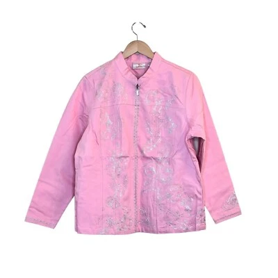 Quacker Factory Womens Pink Rhinestone Denim Jacket Size L Embroidered Western - Image 1 of 4