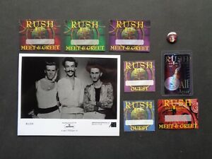 RUSH,B/W Promo Photo,7 Original Backstage Passes,"Time Machine",metal pinback
