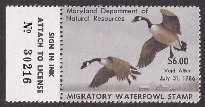 MATT'S STAMPS US SCOTT #12, $6 MARYLAND STATE DUCK STAMP 1985, MNH - Image 1 of 3