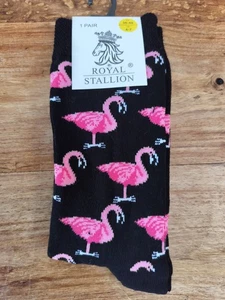Ladies Pink Flamingo Black Socks  1 Pair Soft Touch  Novelty  - Picture 1 of 3