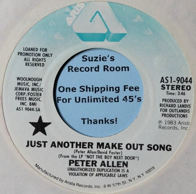 Peter Allen Just Another Make Out Song NM DJ Promo Pop Rock 45 7" Vinyl COUPONS - Image 1 of 3