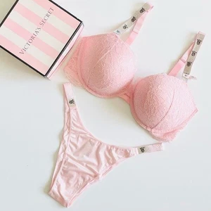 38DD XL Victoria’s Secret pink bling shine strap bra set brazilian panties - Picture 1 of 8