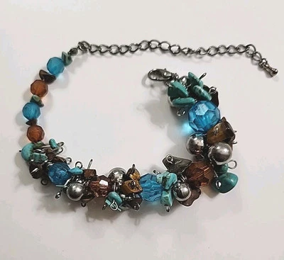 Turquoise Tiger's Eye Bracelet w Faceted Beads & Silver Tone Balls - Image 1 of 4