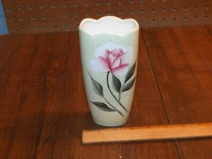 Vintage 6.5" Porcelain Vase w Painted Pink Rose & Scalloped Edge - Picture 1 of 5