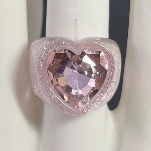 Chunky Lucite Heart Ring Pink Rhinestone Glitter Size 7.5 Statement Love Kawaii - Picture 1 of 9