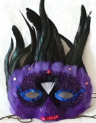 Exquisite Purple Feather Sequined Masquerade Masks for Parties, Mardi Gras, Etc. - Image 1 of 3