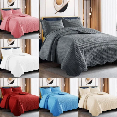3 Piece Quilted Bedspread Embossed Bed Throw Single Double King Size Bedding Set - Image 1 of 4