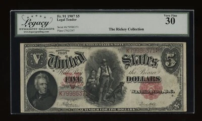 DBR 1907 $5 Woodchopper Fr. 91 Legacy 30 Serial K79986371 - Image 1 of 2
