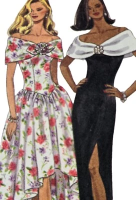 1980s Shawl Collar Dress High Lo Off Shoulder Butterick 6643 Sewing Pattern - Image 1 of 3