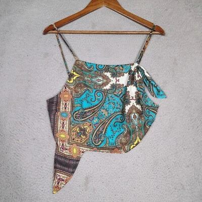 Top Free People Para Mujer 8 Azul Multicolor Paisley Satinado Recortado Preppy Boho Foto 1 de 4