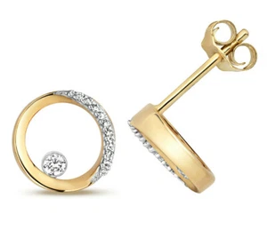 9CT HALLMARKED YELLOW GOLD 0.08CT G/H SI DIAMOND 7MM ROUND SWIRL STUD EARRINGS - Picture 1 of 5