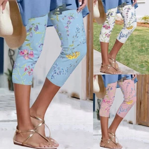 WOMEN LEGGINGS ELASTICATED WAIST SUMMER 3/4 CAPRI CROPPED PANTS TROUSERS SIZE uk - Picture 1 of 11