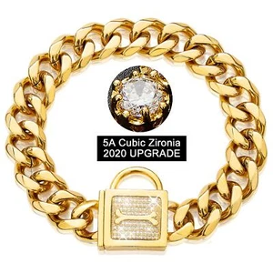 Dog Chain Collar with Zirconia Buckle 19MM Gold Cuban Link Puppy Collar Gold ... - Picture 1 of 8