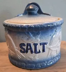 Blue & White Stoneware Hanging Crock Salt Box With Lid & Love Birds - Picture 1 of 9