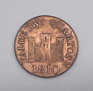 1810 Gibraltar 2 Quartos Small Date Copper Coin Antique - Picture 1 of 4