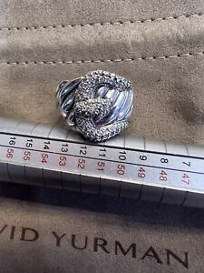David Yurman Sterling Silver Pave Diamond Cable Buckle Wide Band Ring Size 7