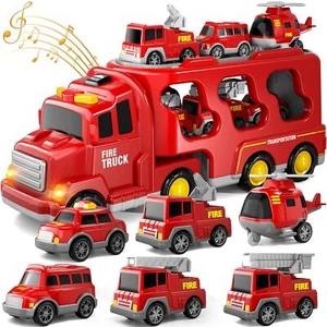 7 In 1 Fire Truck Toy Pull Back Car Helicopter Fire Rescue Car Ladder Truck - Picture 1 of 15