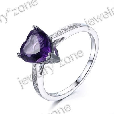 Anel de noivado de ouro branco 10k sólido formato coração ametista natural 8x8mm diamante - Imagem 1 de 4