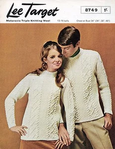 ~Vintage Lee Target 1960's Knitting Pattern For Adult's Aran Sweater ~ 34" ~ 40" - Picture 1 of 1