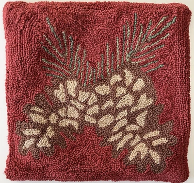 Hooked Rug Wool Pillow Cover Pine Cones Rustic Winter Christmas 18" - Image 1 of 2