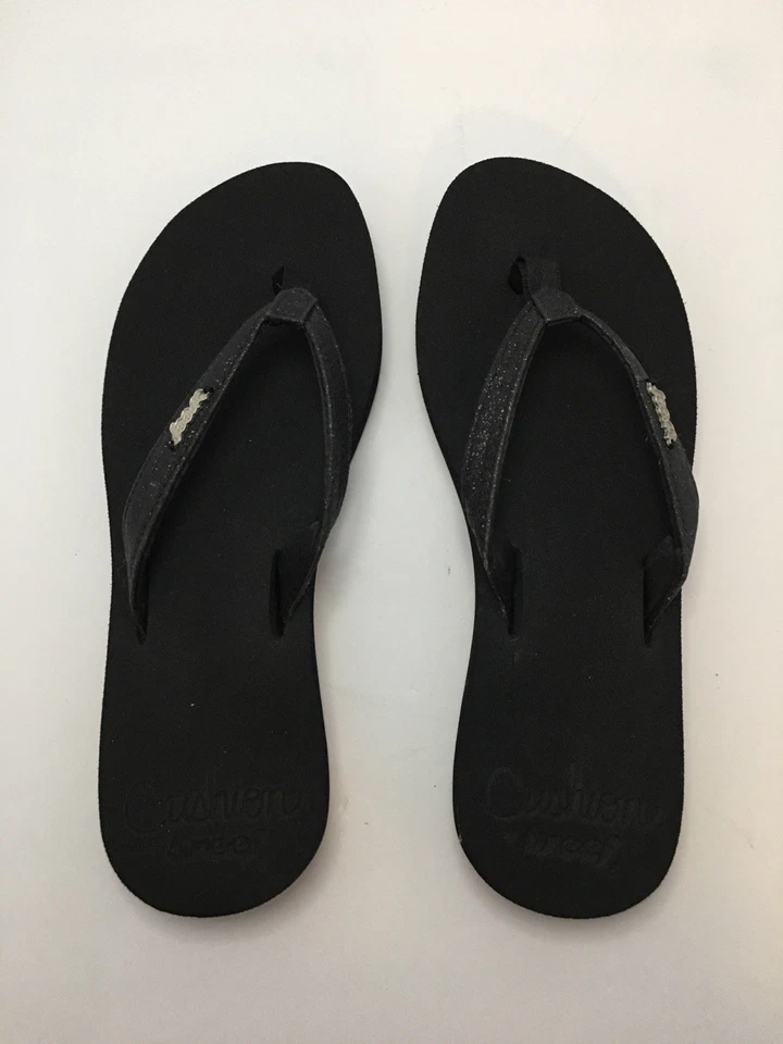 Reef черный шлепанцы размер США W's 8 подушка логотип блестящий сандалии стринги обувь - Изображение 1 из 4