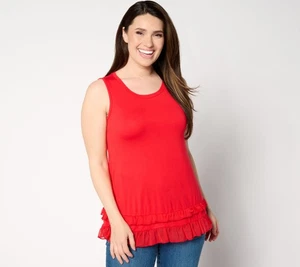 Canotta in maglia LOGO by Lori Goldstein con orlo in chiffon rosso ciliegia 1X nuova - Foto 1 di 1