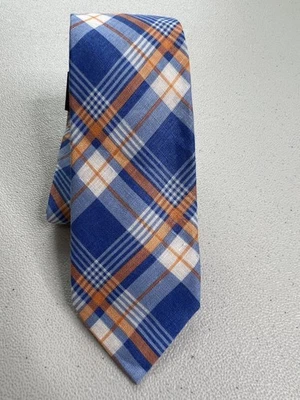Tommy Hilfiger Blue, Orange, White Plaid Pattern 100% Linen Designer Tie NWT - Image 1 of 4