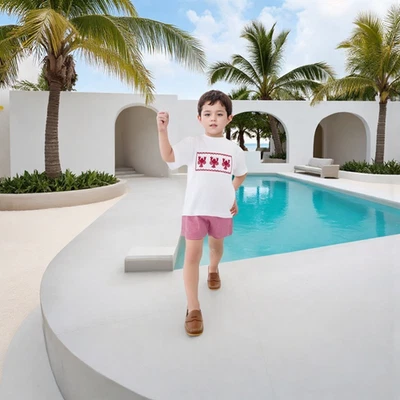 Red Gingham Lobster Smocked 男孩短裤套装 — 第 1/2 张图片