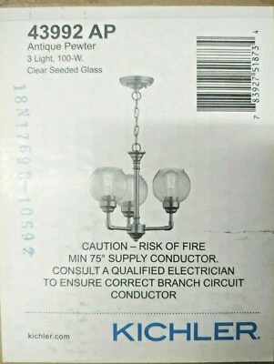 Lámpara de araña Kichler Niles 16" 3 luces semi empotrada en peltre antiguo 43992AP *NUEVA* Foto 1 de 2